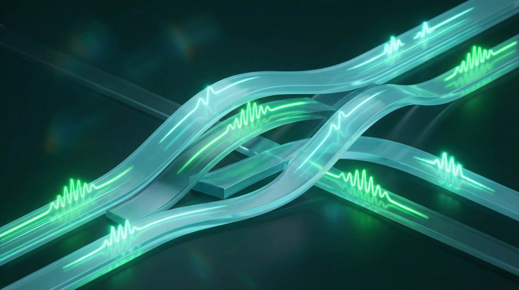 Translucent glass ribbons carrying signal pulses