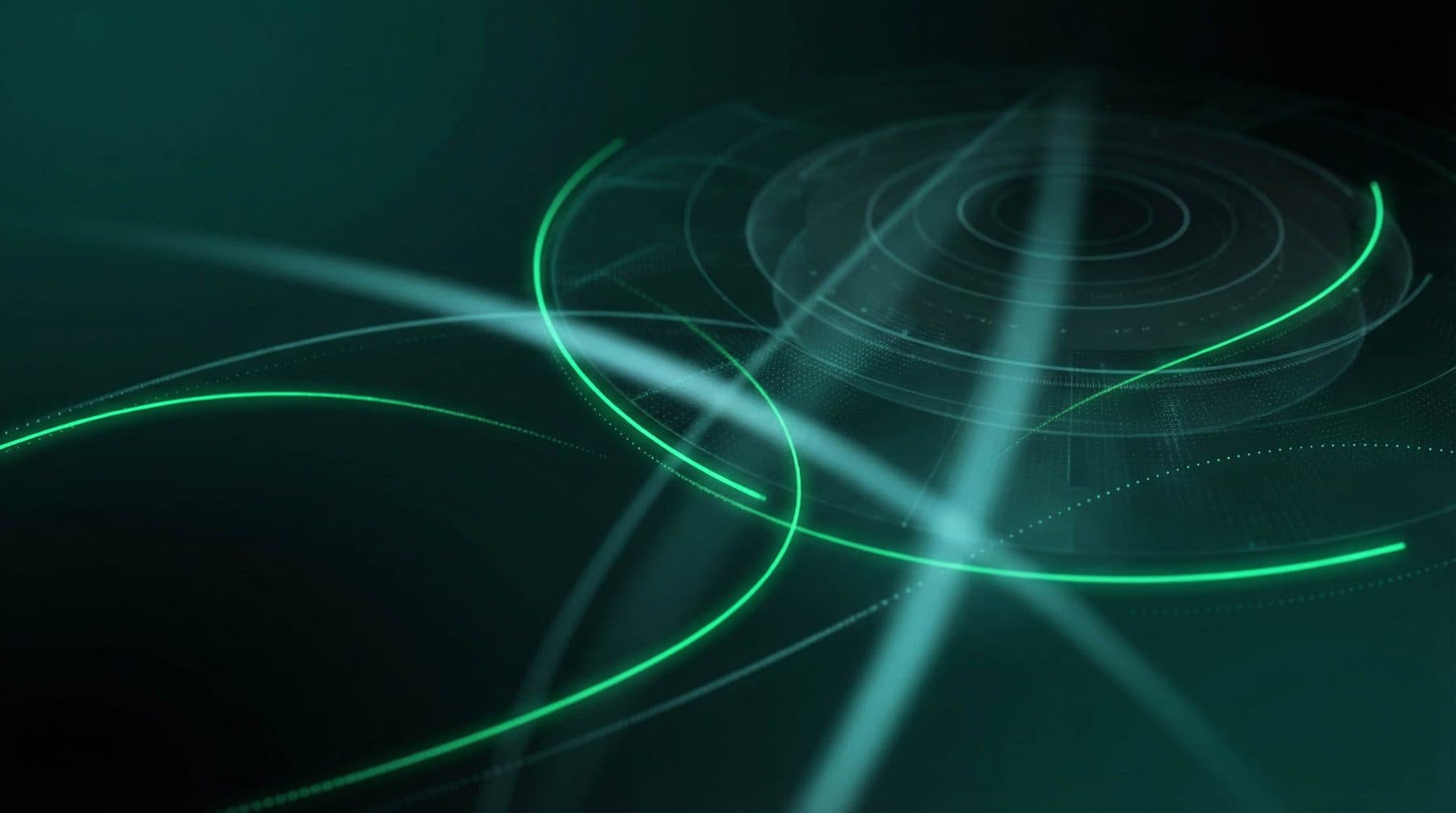 Curved green light trails over a dark surface