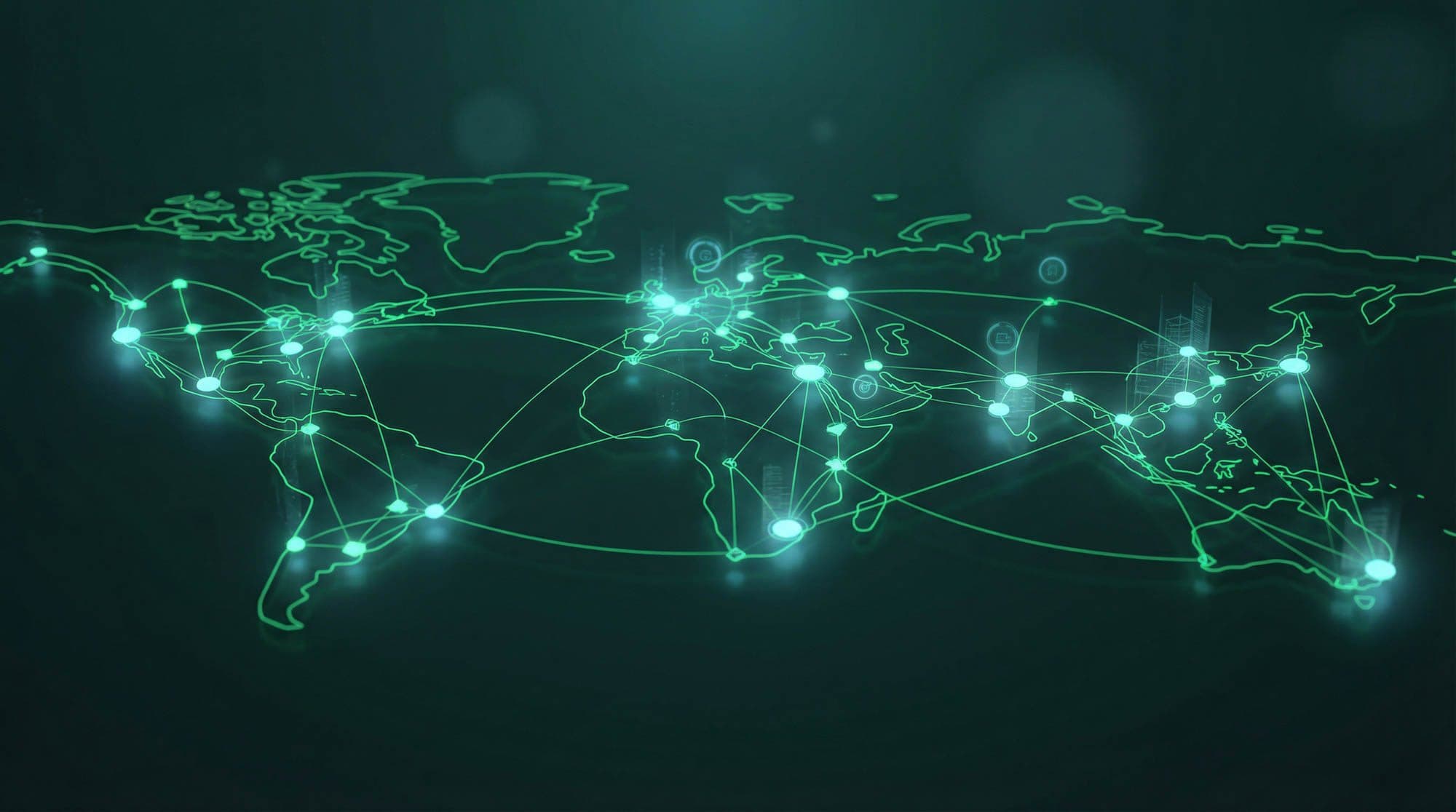 World map traced with connected nodes