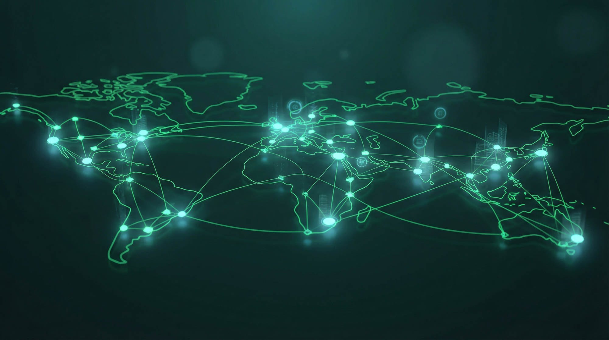 World map traced with connected nodes