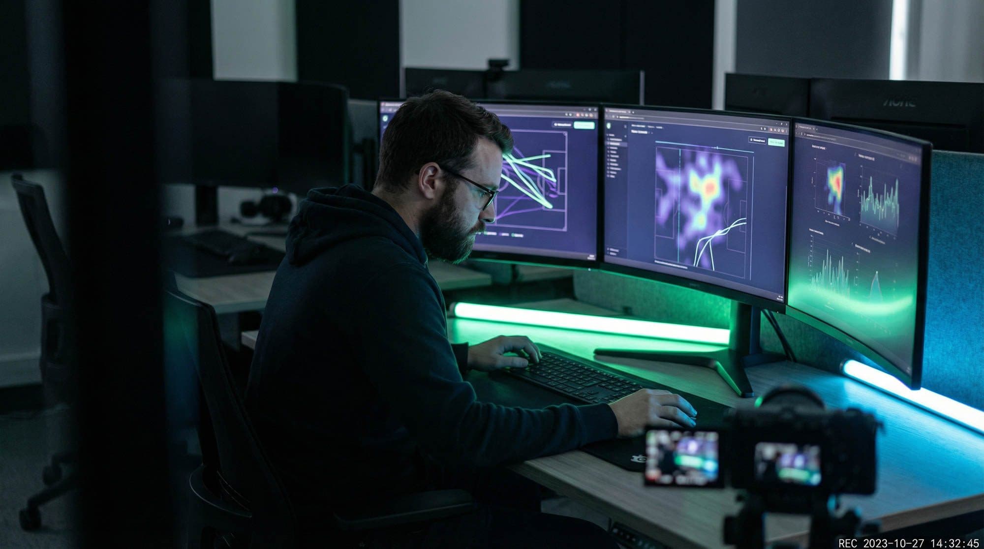 Analyst working across three monitors in a dark operations room