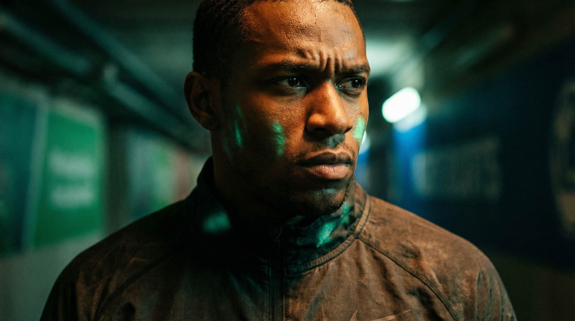 Close portrait of an athlete in low, green-tinted light