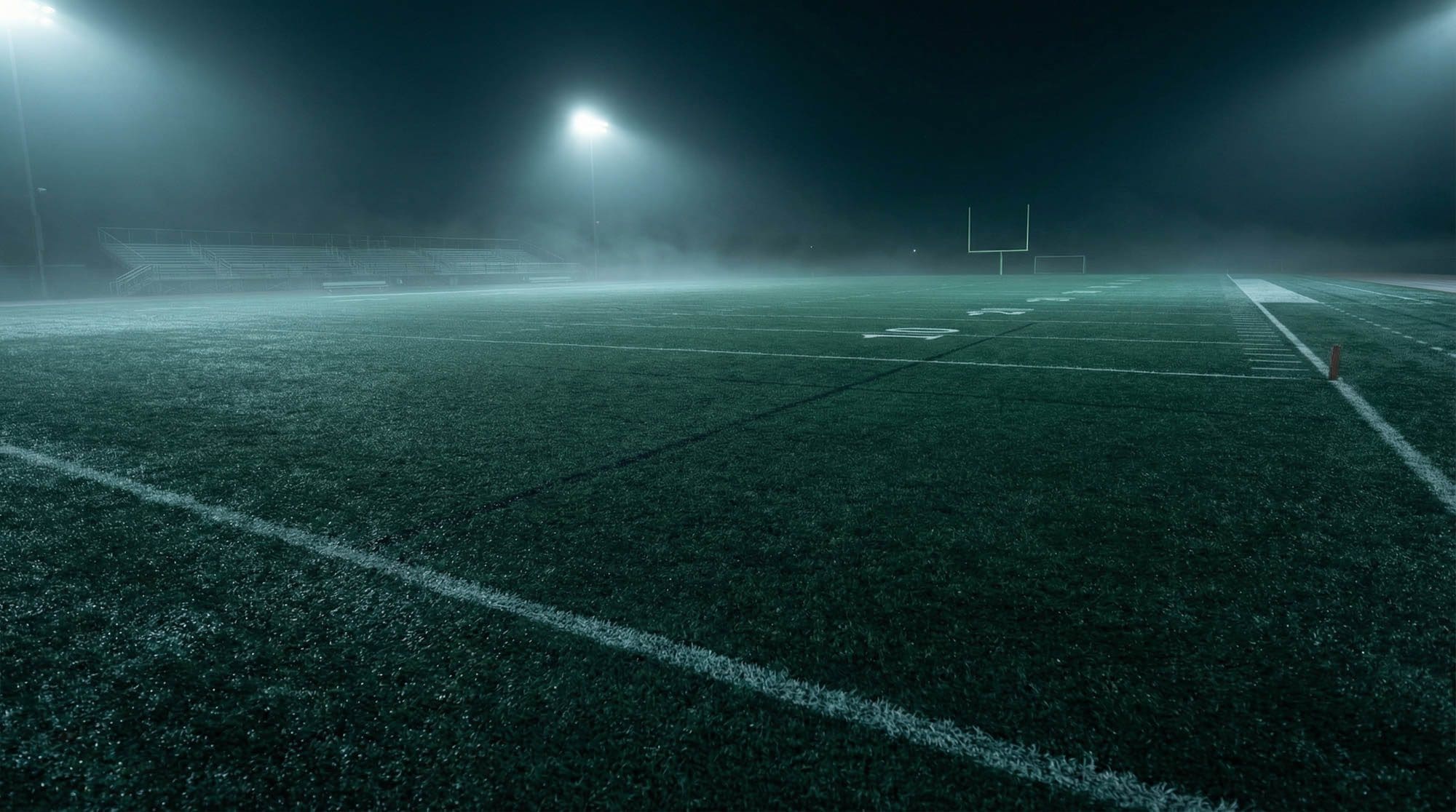 Empty floodlit field at night under mist