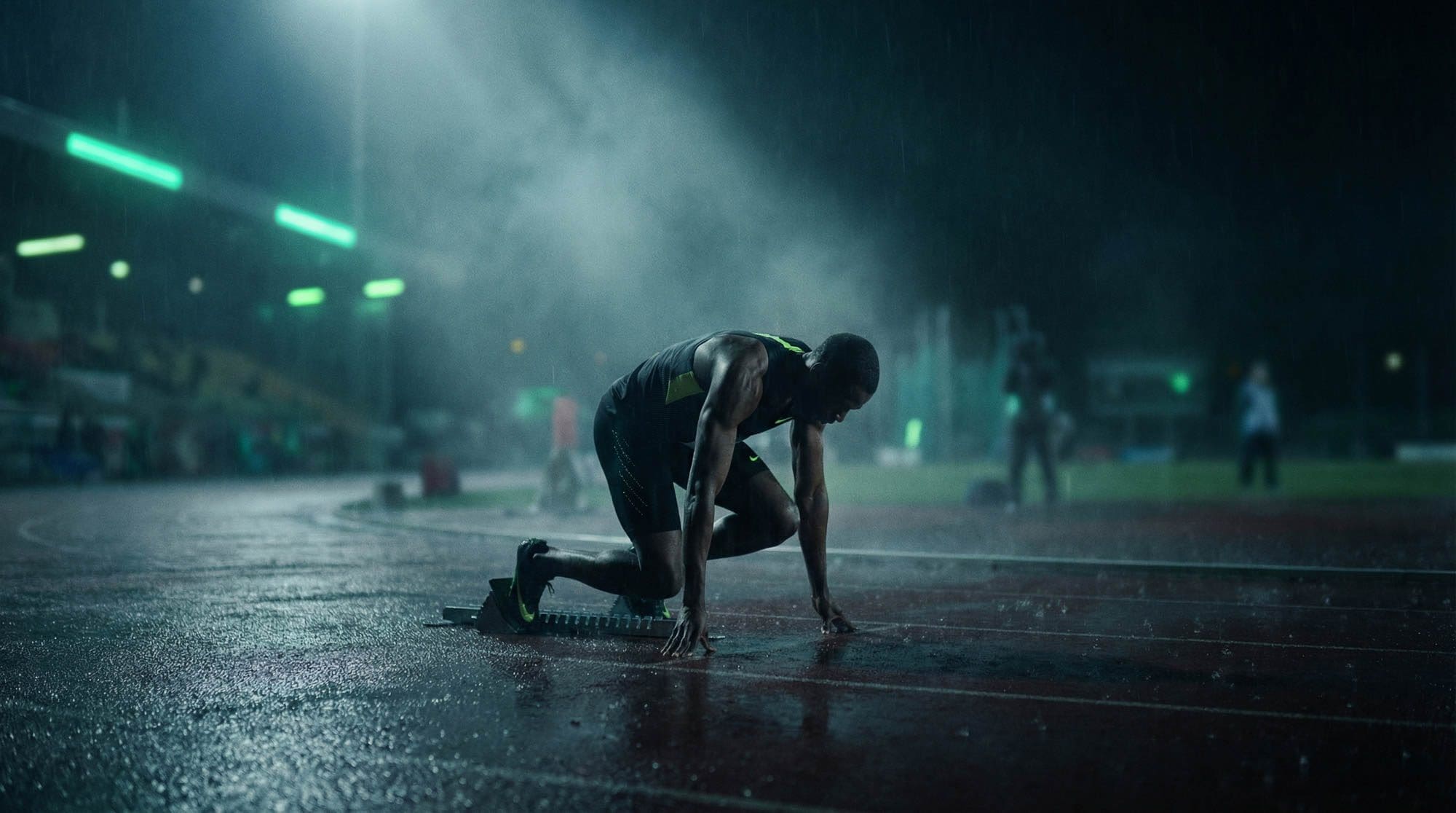 Sprinter in the starting blocks on a wet track at night
