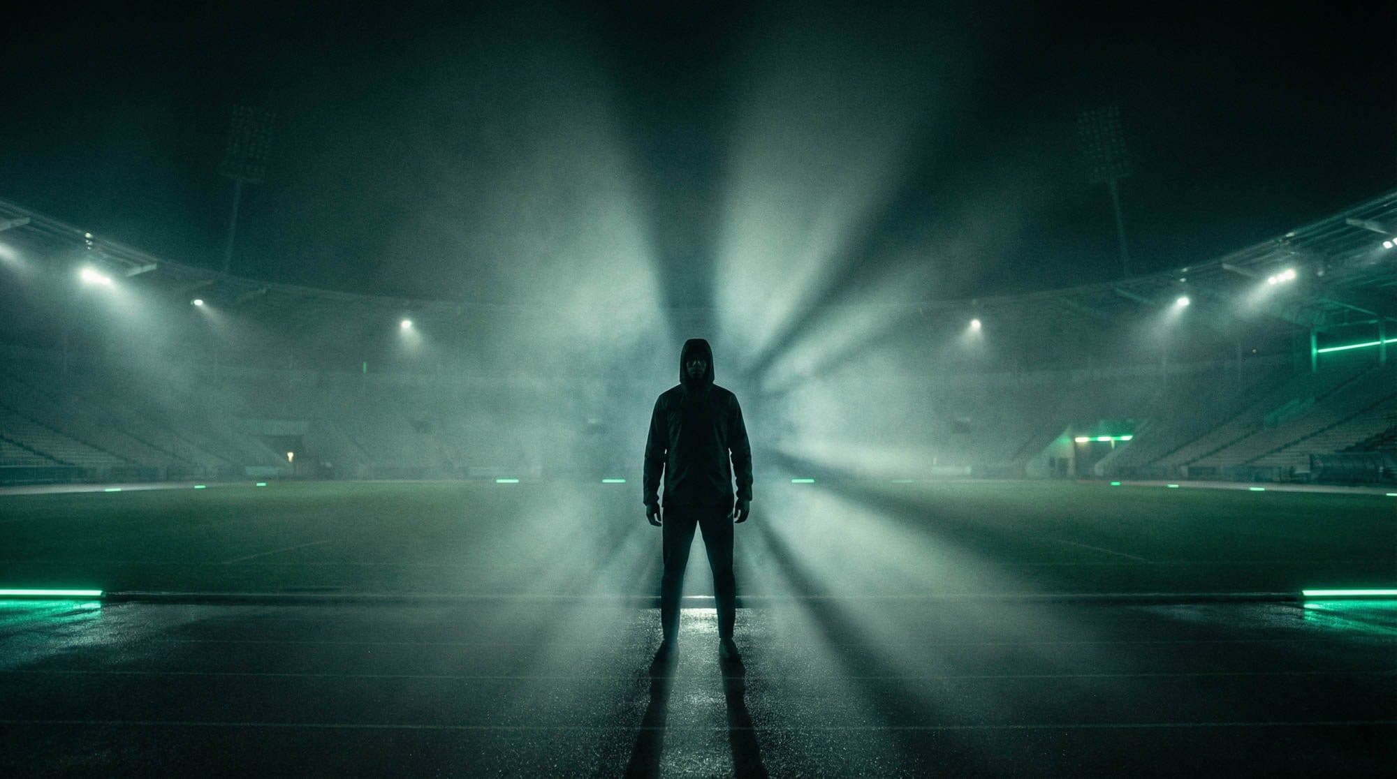 Silhouetted figure standing at the centre of an empty stadium