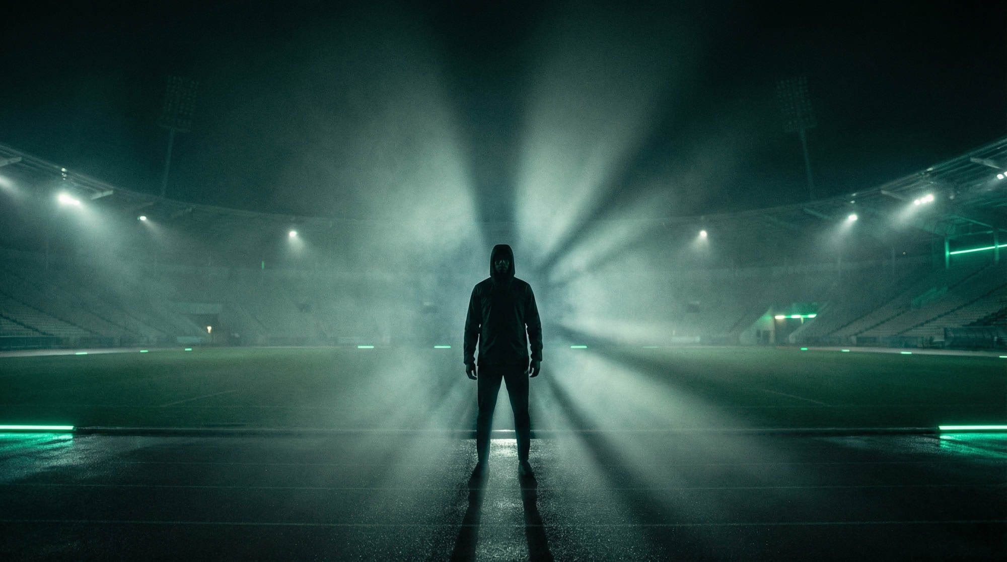Silhouetted figure standing at the centre of an empty stadium