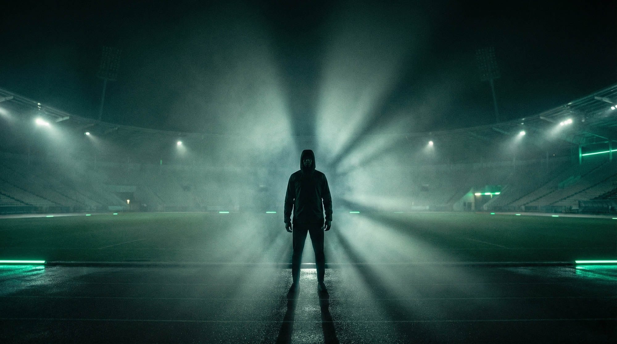 Silhouetted figure standing at the centre of an empty stadium
