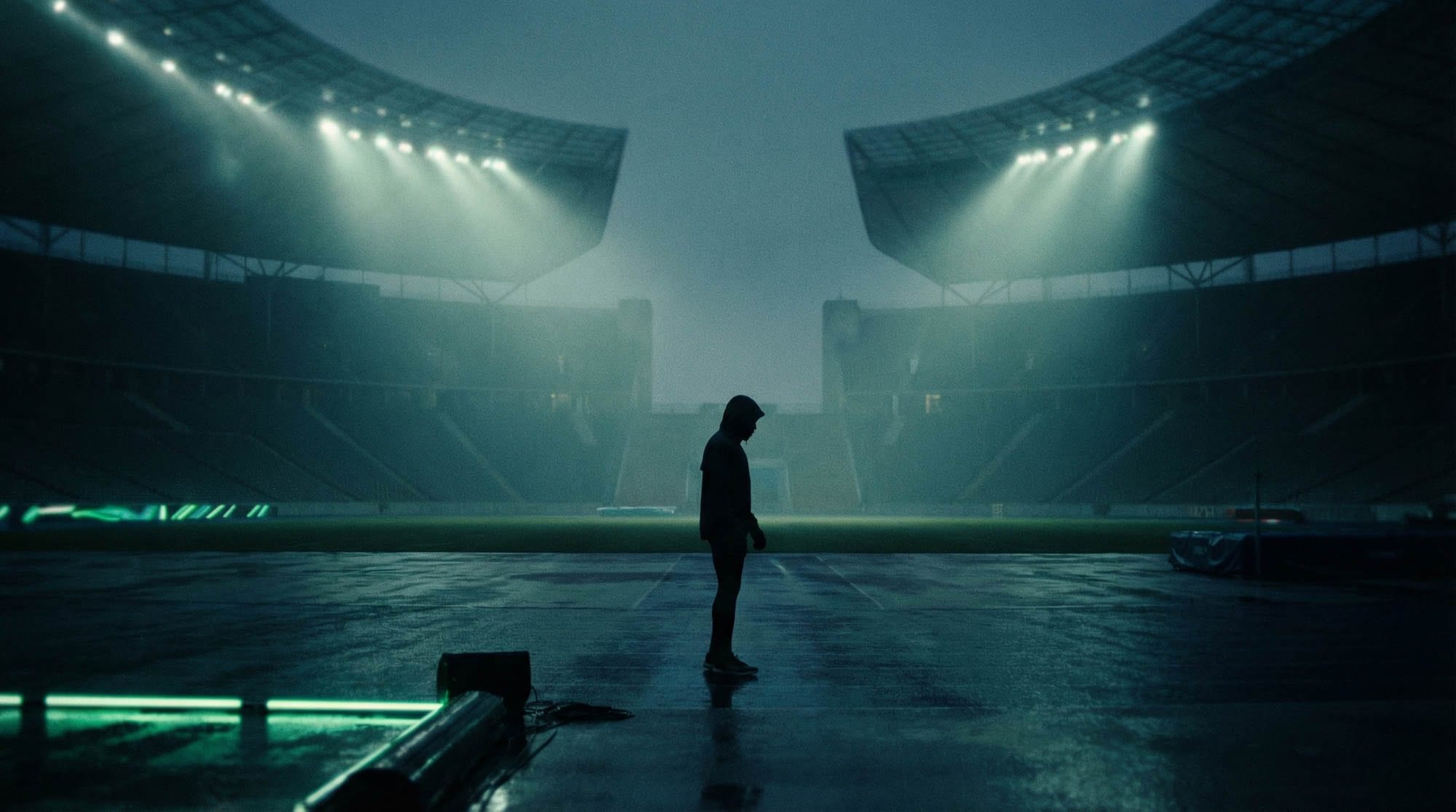 Lone athlete standing on a rain-soaked pitch under stadium floodlights