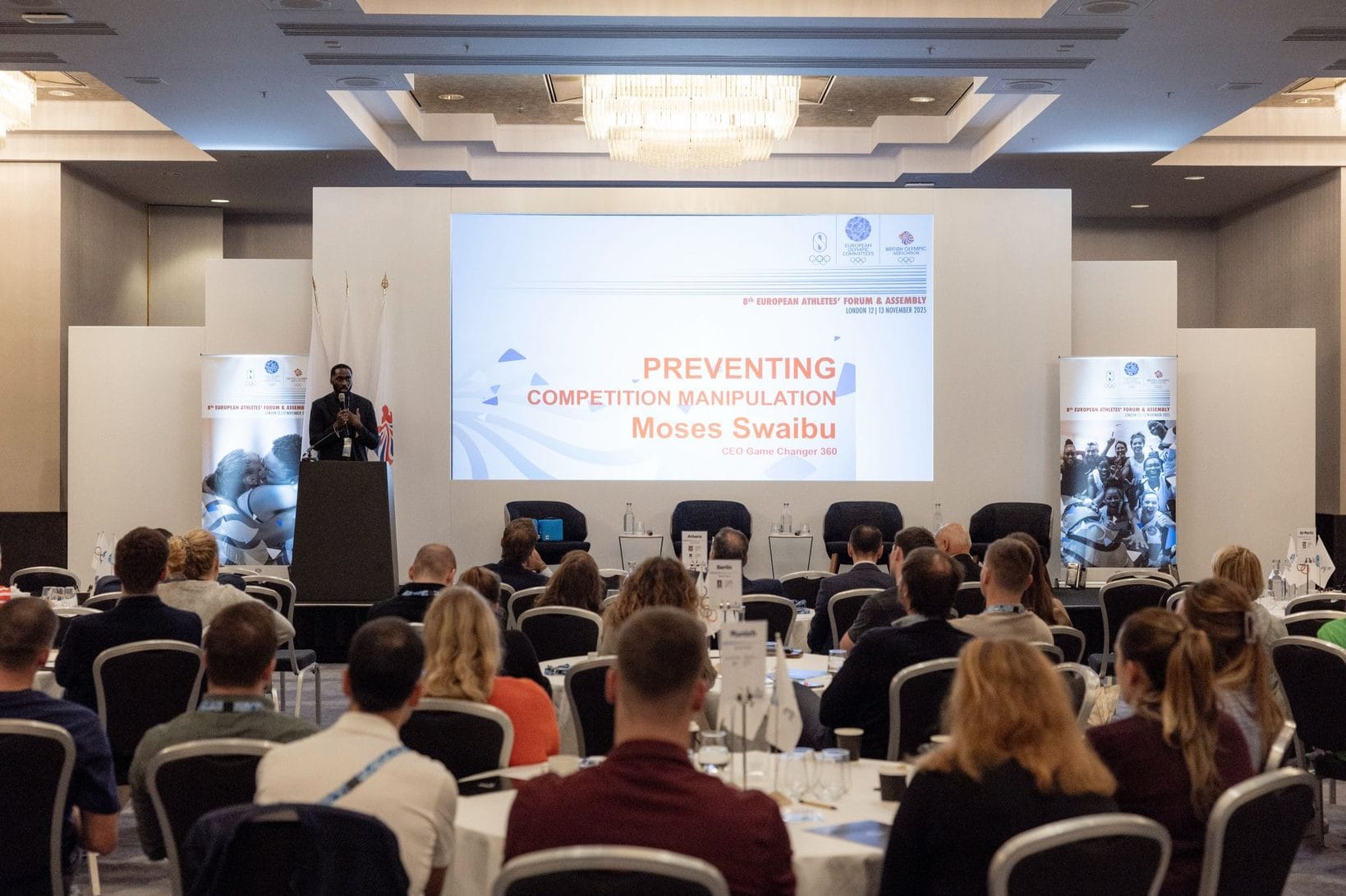 Moses Swaibu speaking at the European Athletes Forum and Assembly in London